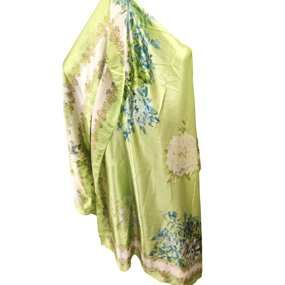 Green Floral Satin Scarf Lightweight Shawl Wrap Elegant Summer Accessory - Picture 10 of 12